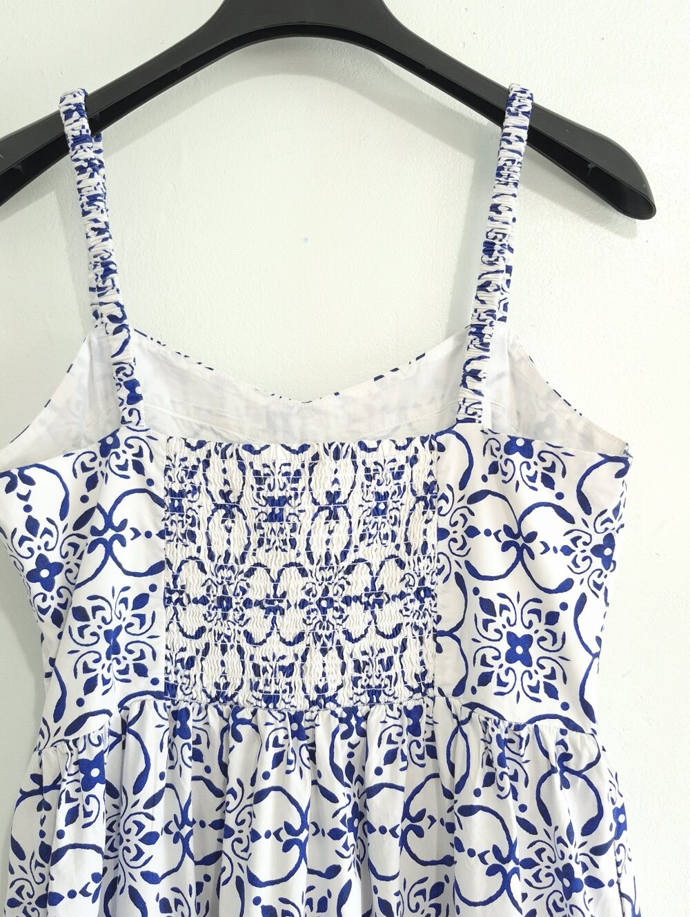 J.CREW Tile Print Midi Sundress Size 10 Blue White Cotton Smocked Tiered Pockets - Picture 5 of 16